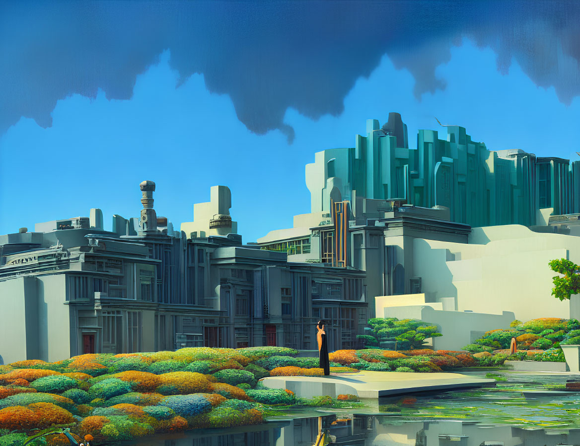 Futuristic cityscape with gardens, water features, and stylized buildings