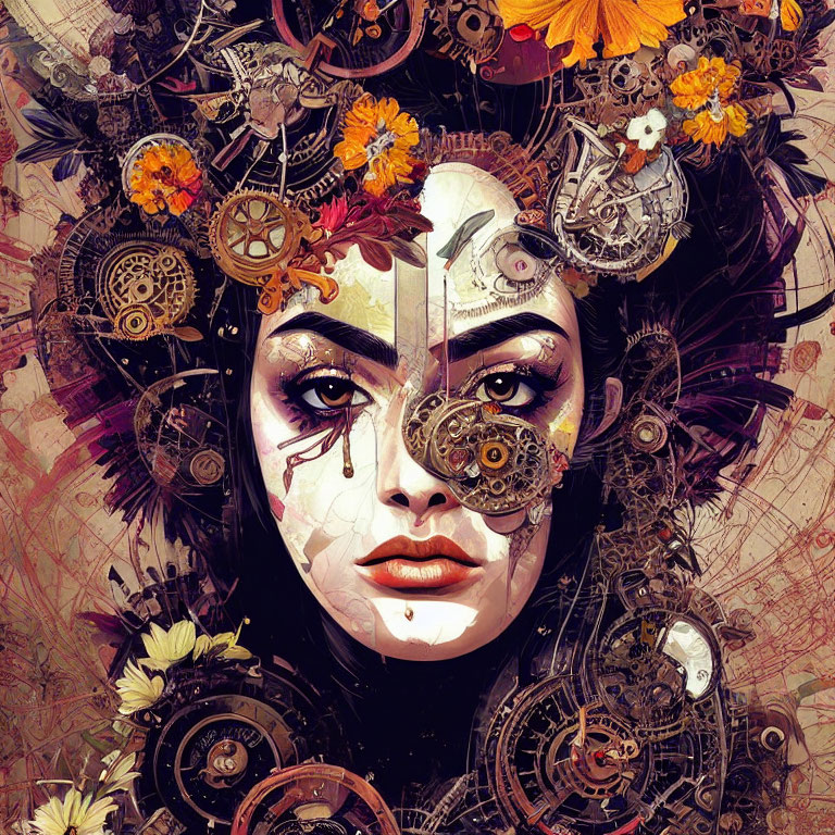 Stylized portrait of a woman with flowers, gears, and mechanical parts