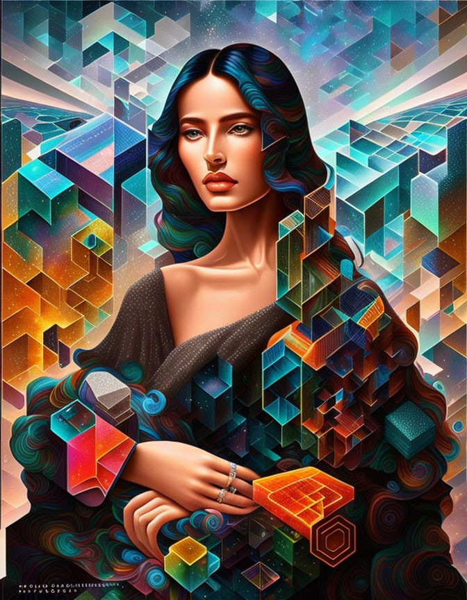 Vibrant digital artwork: Woman with flowing hair in cosmic geometric tapestry