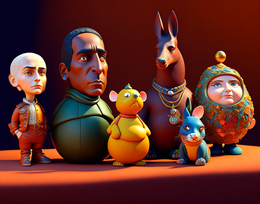 Vibrant 3D animal characters in human attire on dark backdrop