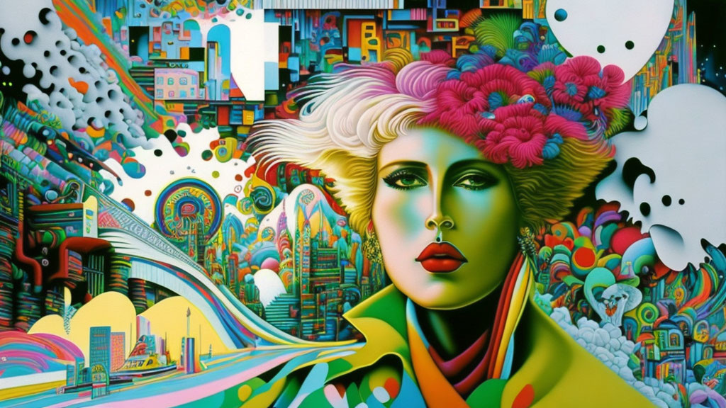 Vibrant surreal artwork: woman's face with colorful headdress amidst whimsical cityscapes.