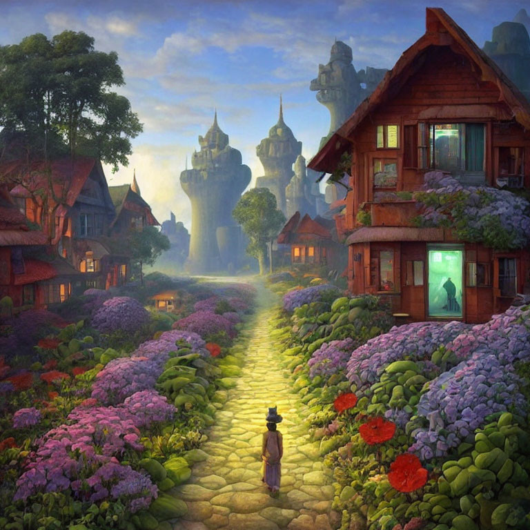 Person walking on cobblestone path in vibrant garden with fantastical towers and quaint house under warm sky