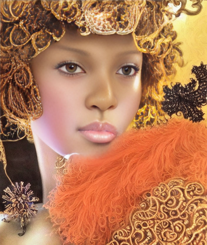 Woman in Golden Headdress with Black Lace and Orange Boa