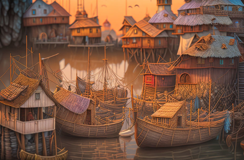 Picturesque waterfront village with rustic houses and wooden ships at dusk