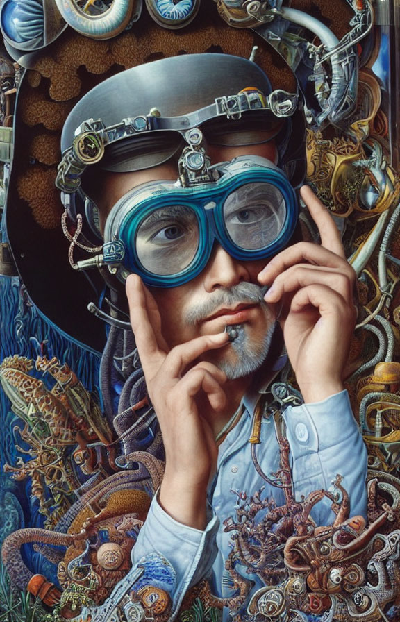 Person with Mustache in Blue Goggles Surrounded by Steampunk Machinery