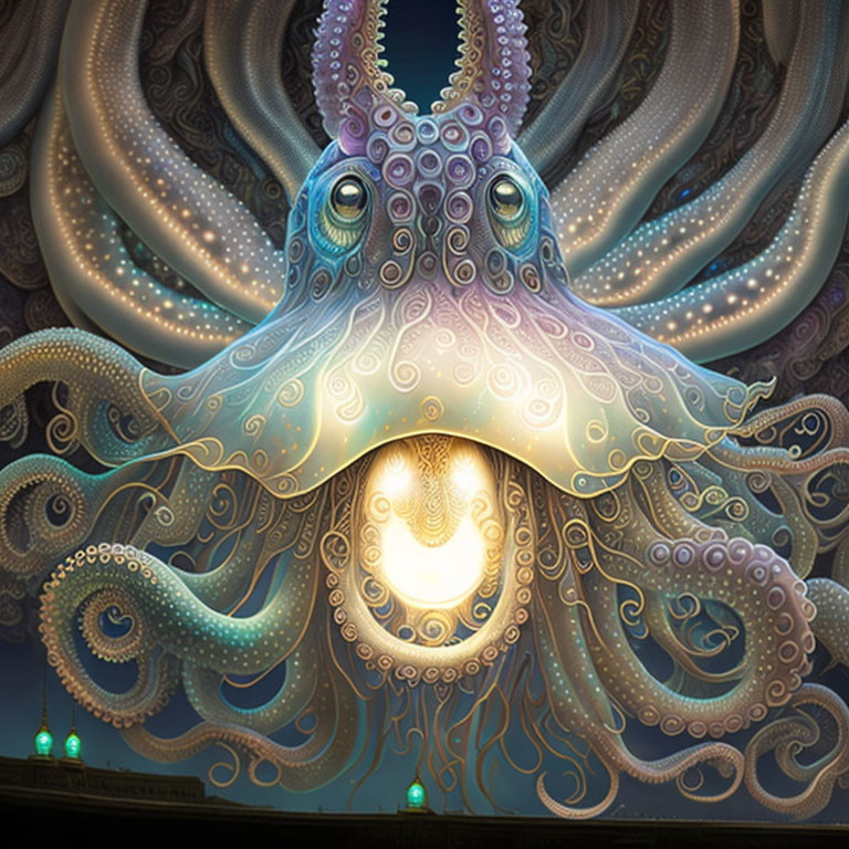 Giant Octopus Illustration with Glowing Tentacles in Mystical Aquatic Setting