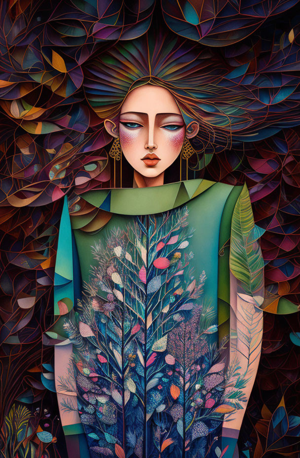 Botanical-themed stylized illustration of a woman in a mystical setting