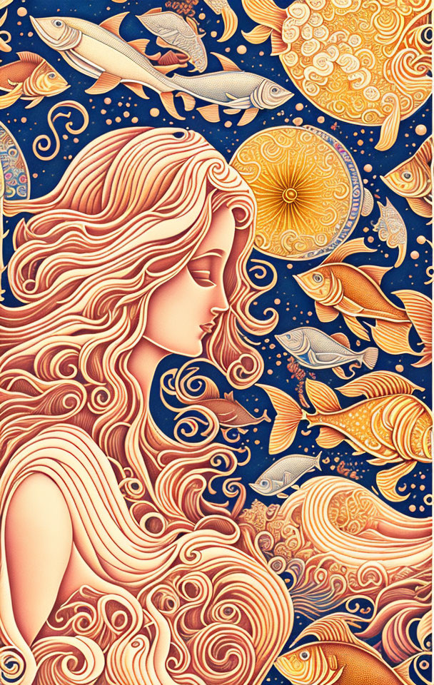 Woman with flowing hair surrounded by fish and citrus slices on blue background.