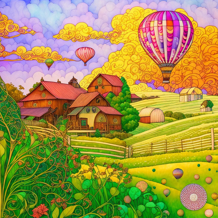 Colorful landscape with whimsical houses, hot air balloons, and rolling hills