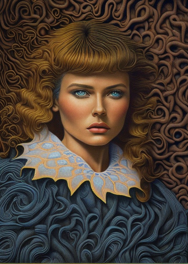 Surreal portrait of woman with blue eyes and golden hair on ornate background