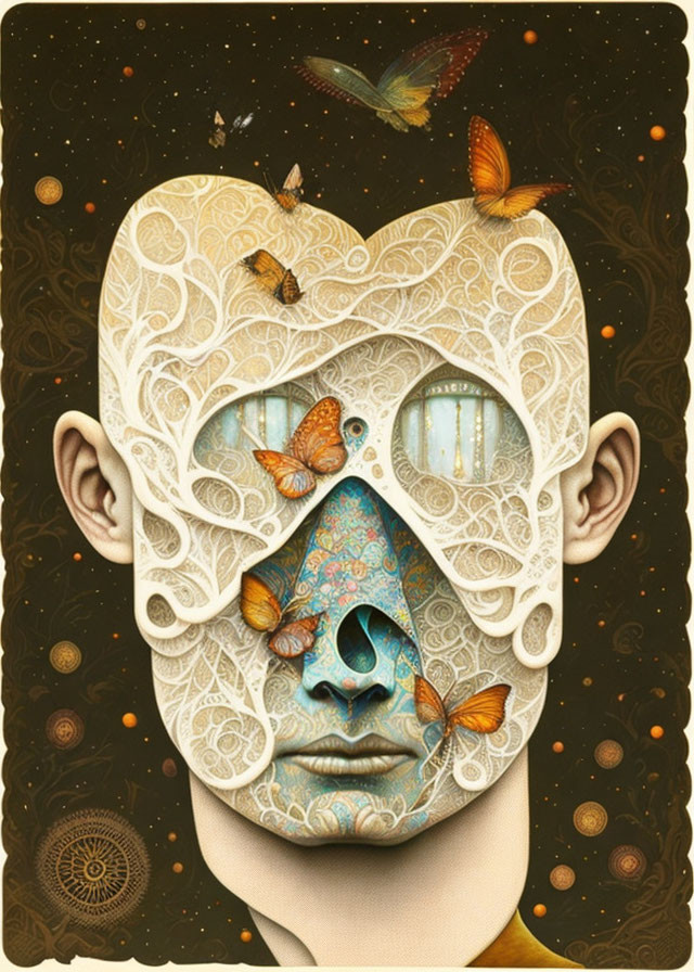 Person wearing ornate butterfly mask in surreal portrait