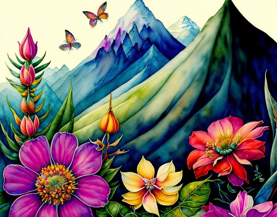 Colorful Mountain Peaks with Flowers and Butterflies