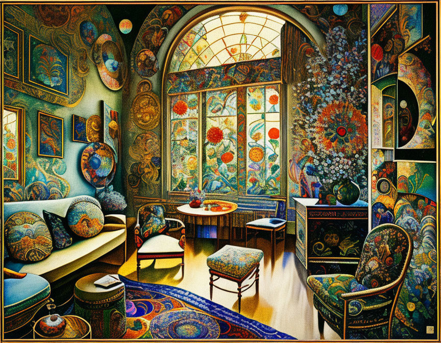 Opulent room with intricate patterns, stained glass, textiles, and decorative furniture