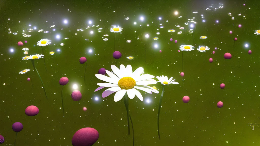 Daisies and Spherical Shapes in Dreamy Green Space