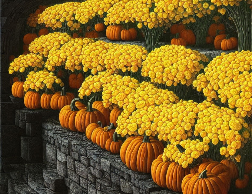 Colorful Pumpkins and Marigolds on Stone Steps: Autumnal Illustration