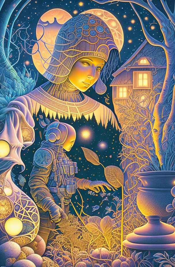 Fantasy artwork of woman and child in astronaut helmets with glowing plants and starry night sky.