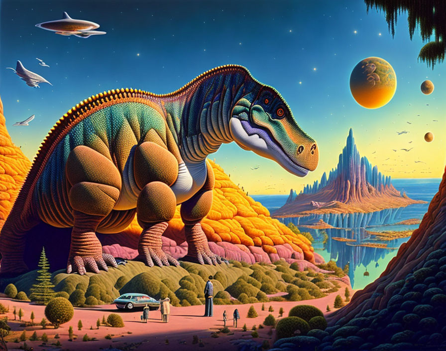 Colorful sci-fi landscape: giant dinosaur, retro-futuristic vehicles, small human figures, celestial