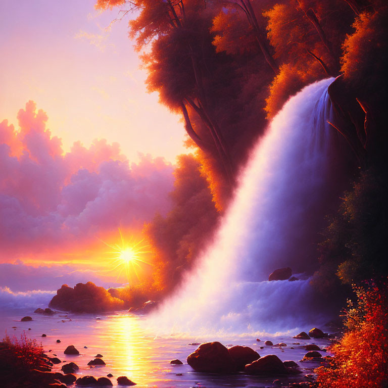 Scenic painting: Waterfall at sunset with orange and purple hues