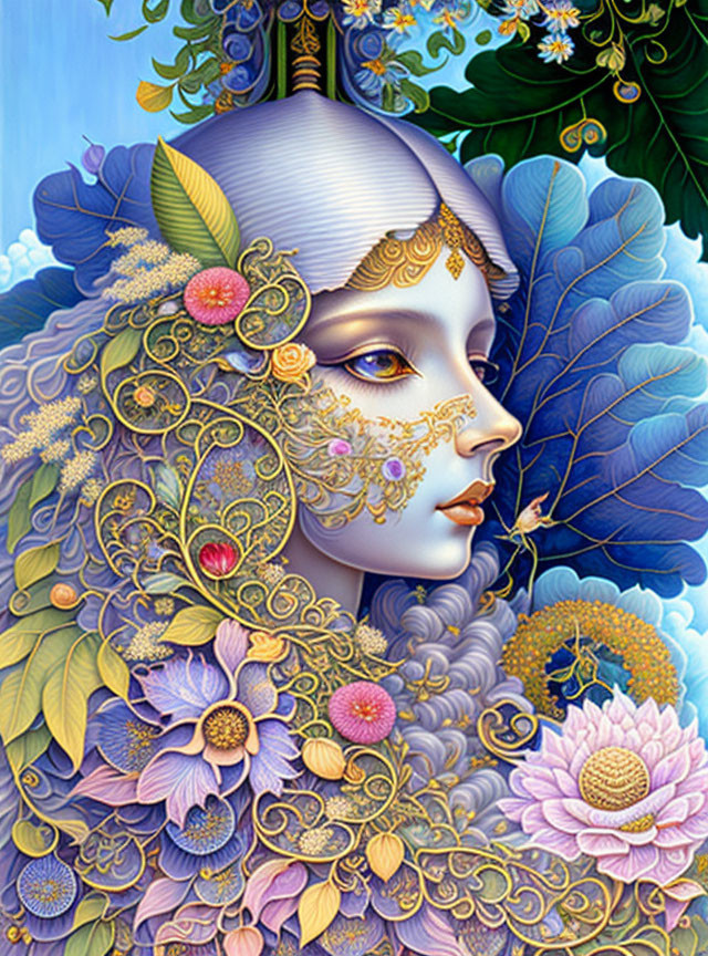 Colorful woman with floral elements on blue botanical backdrop