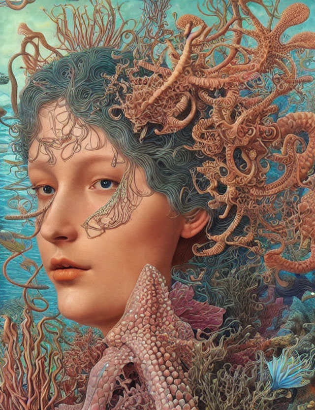 Surreal portrait featuring marine life in hair on teal background