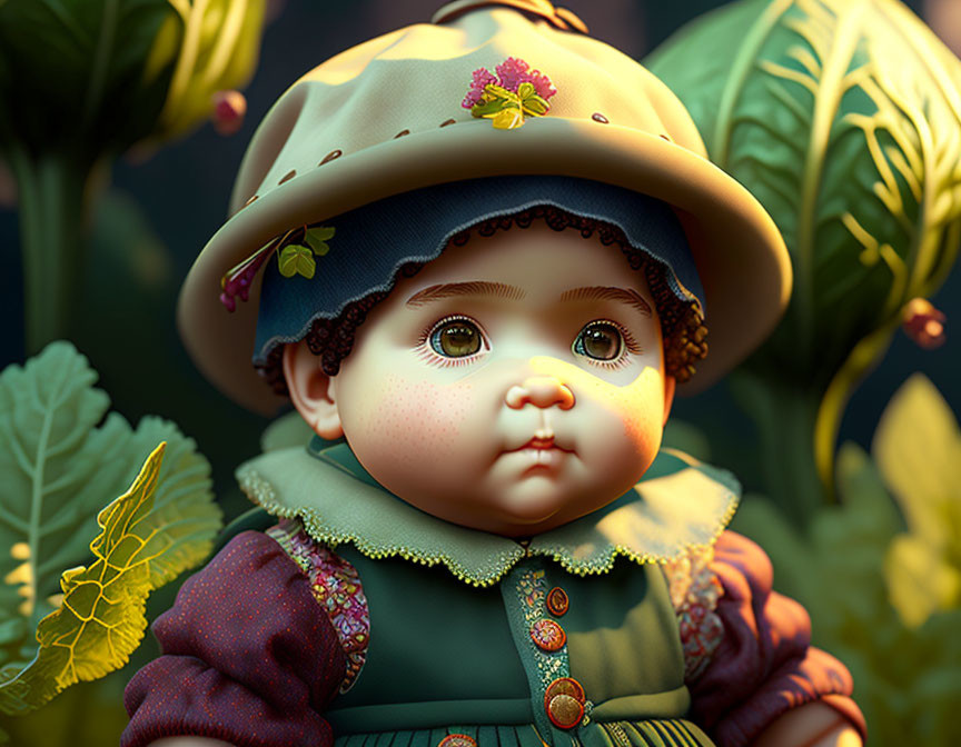 Rosy-cheeked doll in green dress with hat among vibrant plants