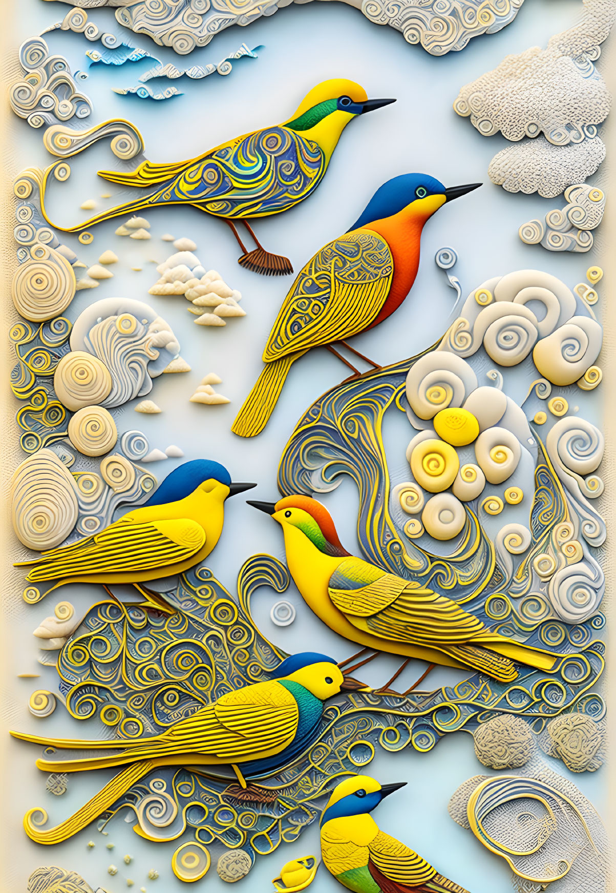 Colorful paper birds on cream backdrop with clouds and swirls in 3D art.