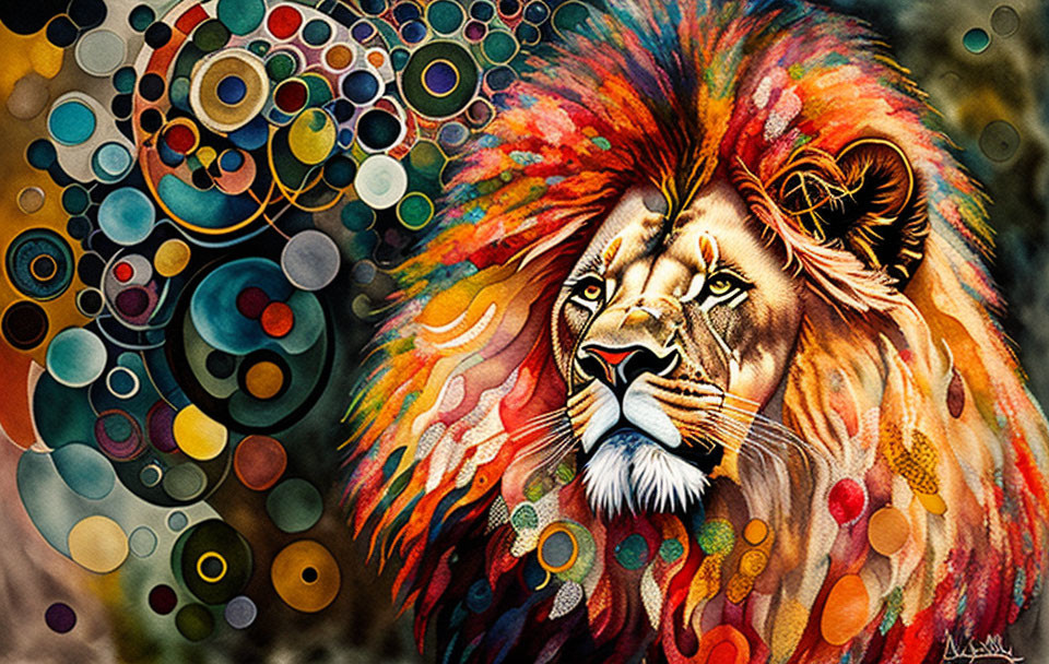 Colorful Lion Illustration with Rainbow Mane and Patterned Background