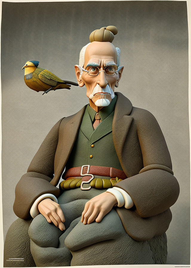 Stylized 3D artwork of elderly gentleman in brown coat with whimsical bird