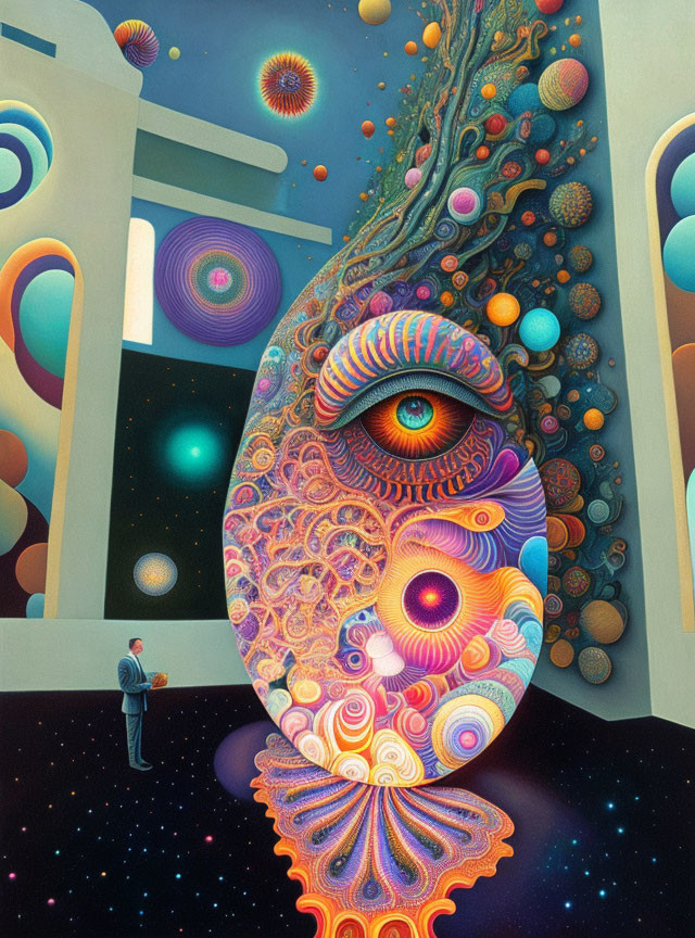 Surreal artwork: Figure gazes at vibrant cosmic entity with intricate patterns