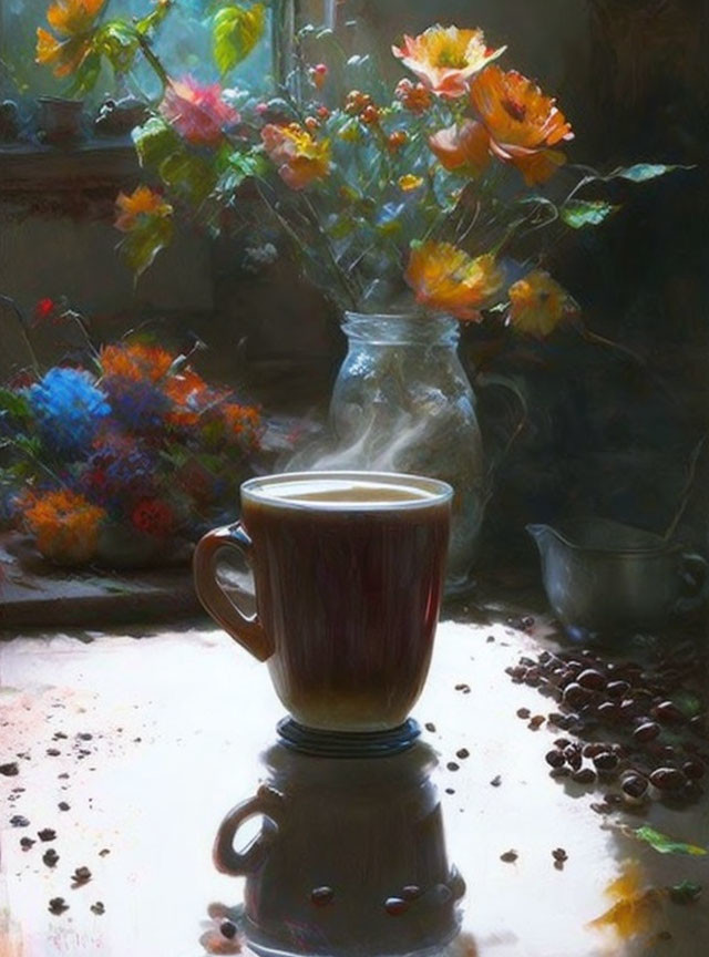 Steaming cup of coffee with scattered beans and colorful flowers on a table