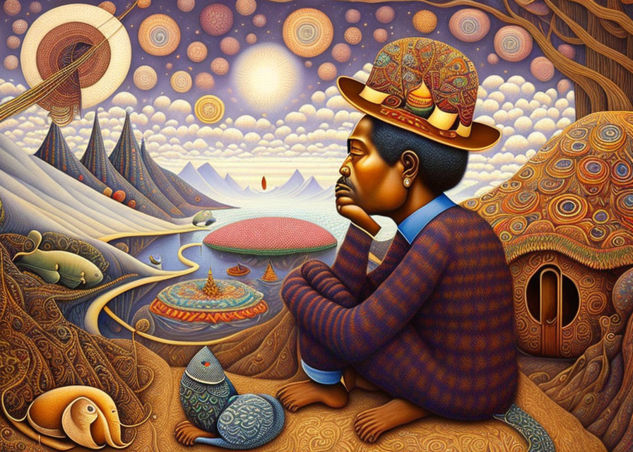 Surrealistic painting of person in traditional attire and fantastical landscape