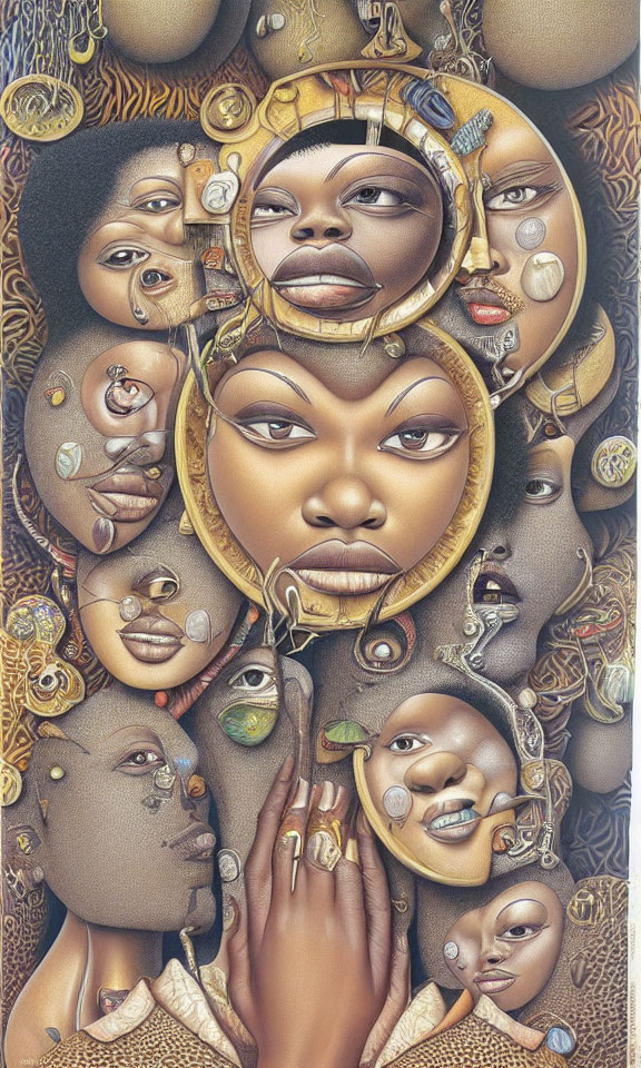 Surreal artwork featuring central and smaller faces with intricate patterns in golden-brown palette