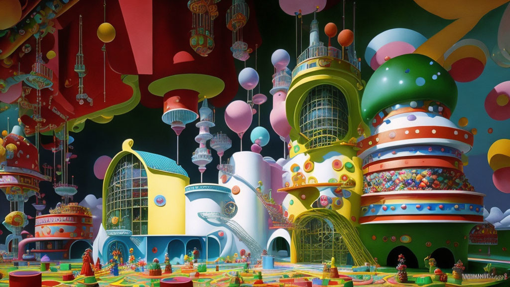 Colorful whimsical landscape with fantastical structures and balloons