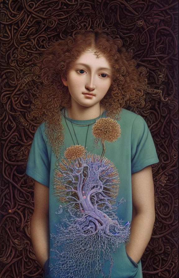 Curly-Haired Woman in Tree T-Shirt with Swirling Background