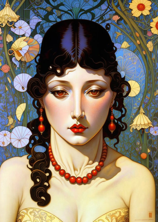 Art Nouveau Woman with Dark Hair, Red Necklace, Flowers, and Butterflies