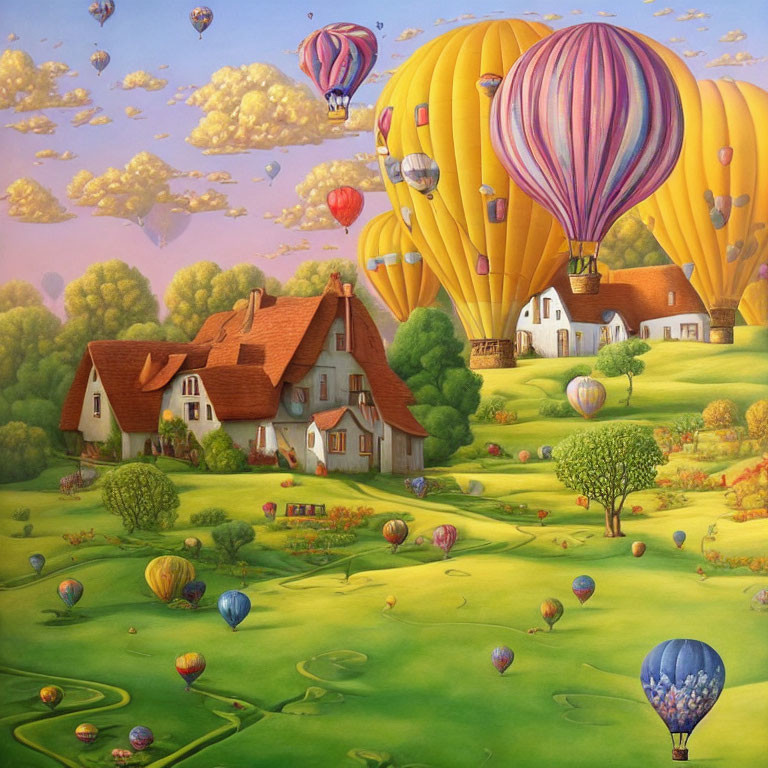 Colorful hot air balloons over rolling green hills with houses and trees