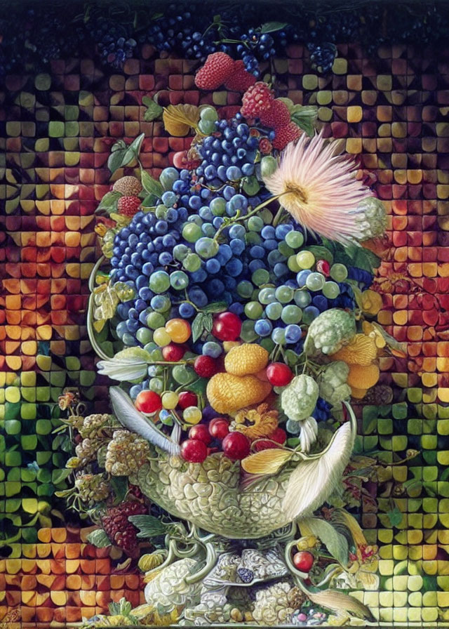 Colorful Fruit Bowl Still Life Painting with Pixelated Background