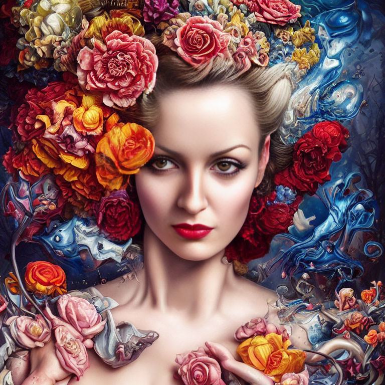 Colorful digital artwork: Woman with floral hair in surreal style