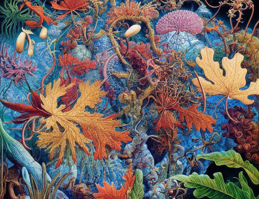 Detailed Marine Life Tapestry Illustration with Colorful Corals & Seaweed