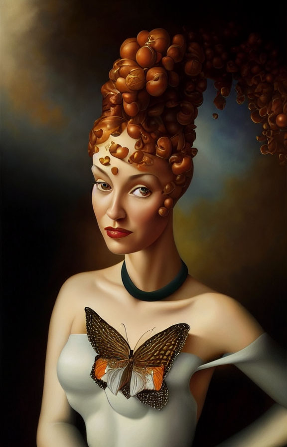 Surreal portrait of woman with grape hairdo and butterfly on shoulder