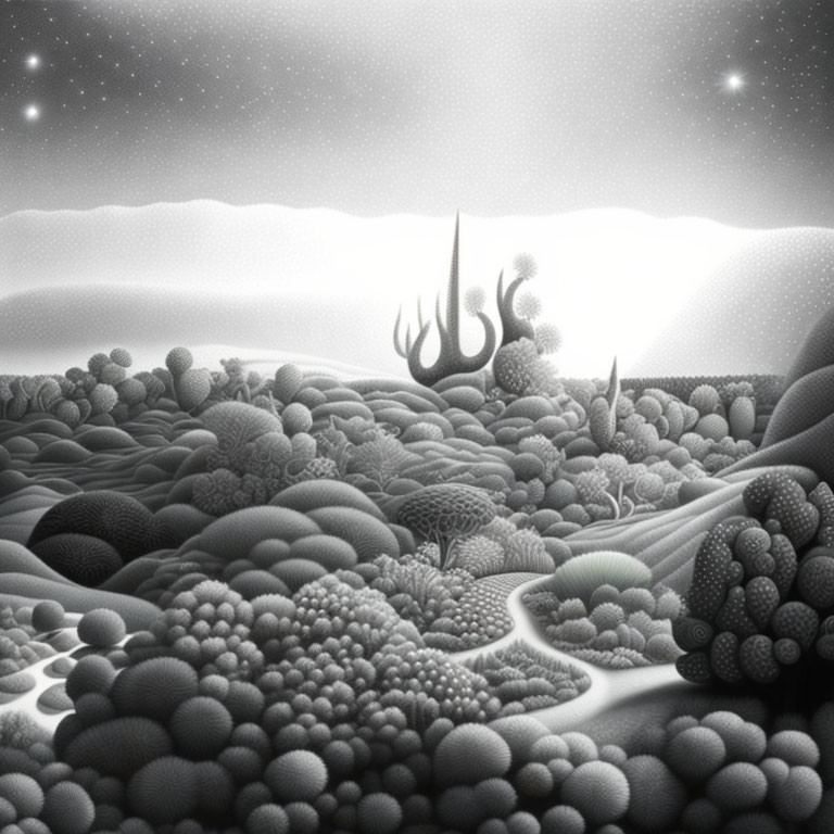 Monochrome surreal landscape with textured hills, winding river, and abstract plant-like structures