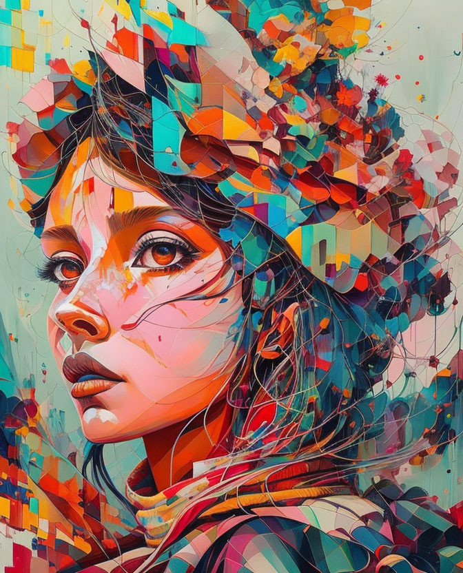 Vibrant abstract portrait of a woman with geometric shapes and colorful hues