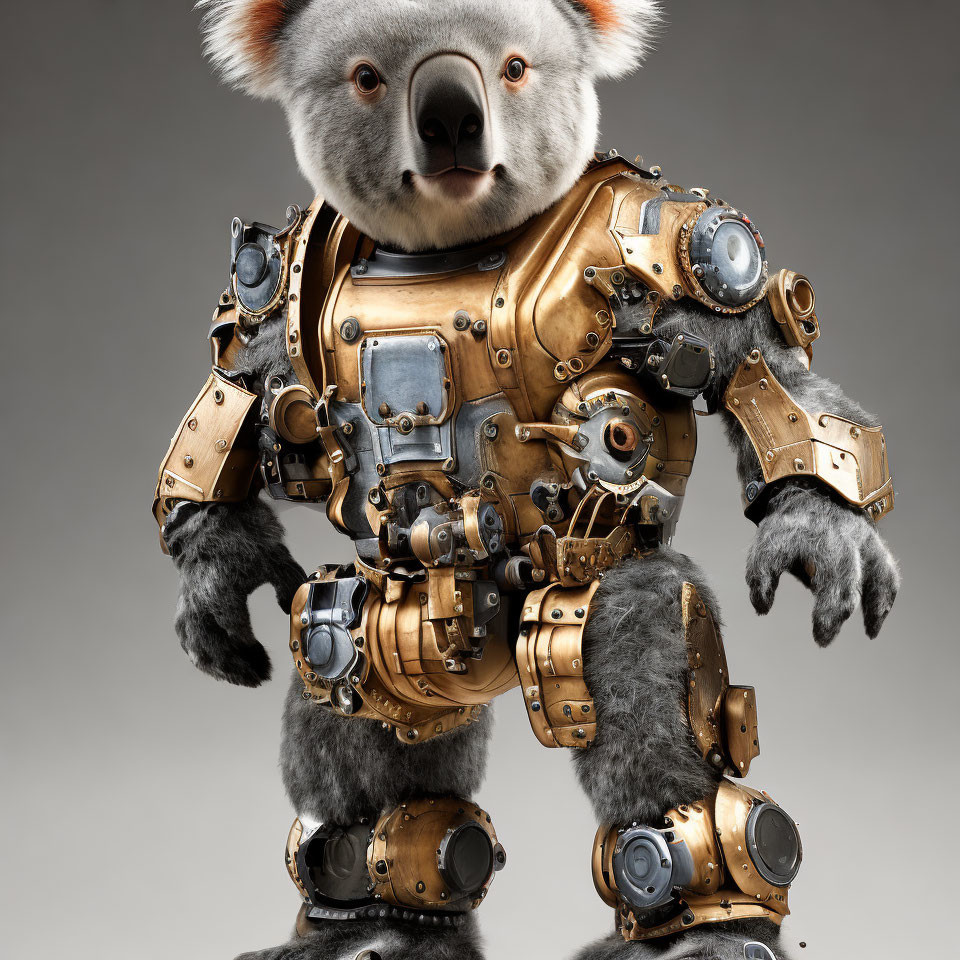 Koala in humanoid robotic exoskeleton on gray backdrop