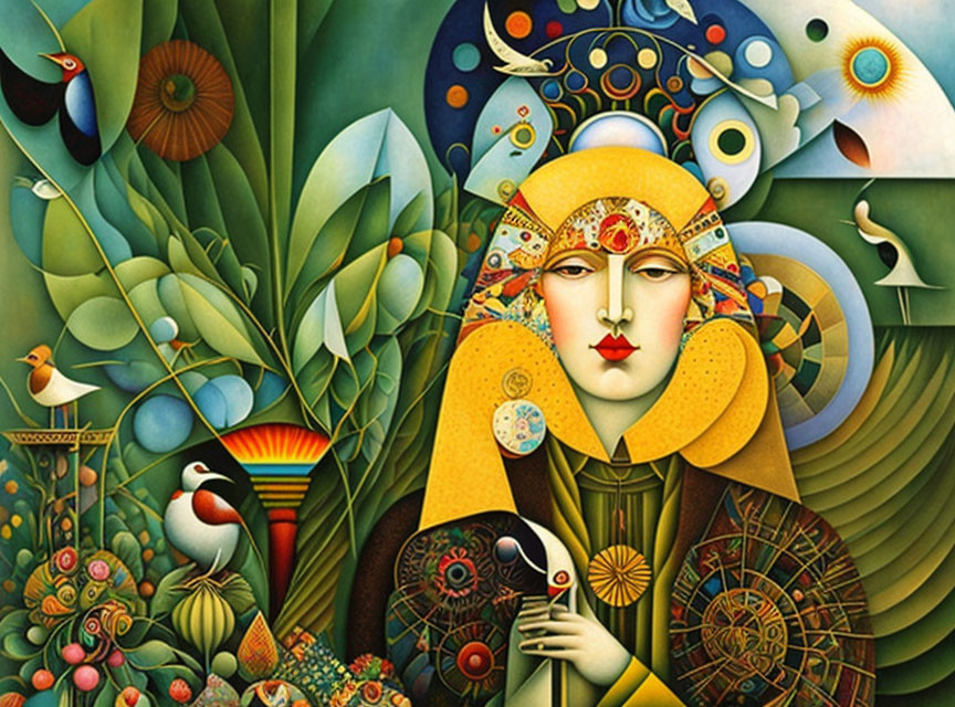 Vibrant painting: woman's face in nature landscape with birds & foliage