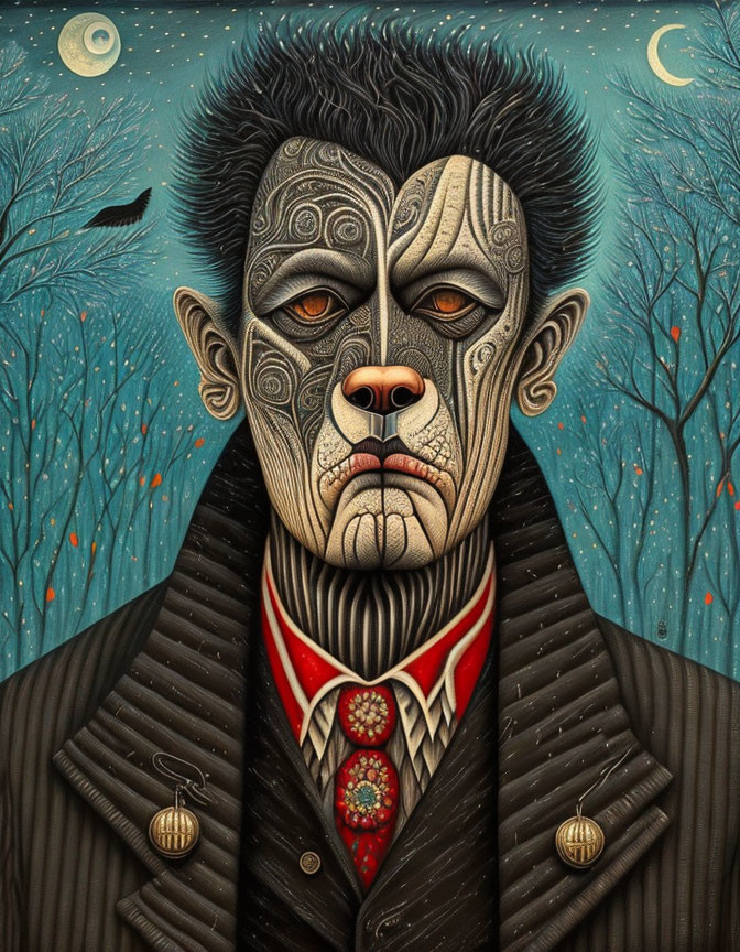 Anthropomorphic monkey in formal suit with tribal facial markings in night forest.