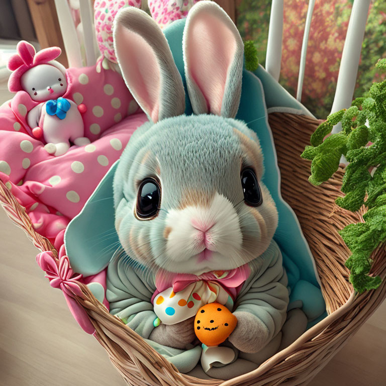 Adorable Bunny in Basket with Paintbrush and Egg