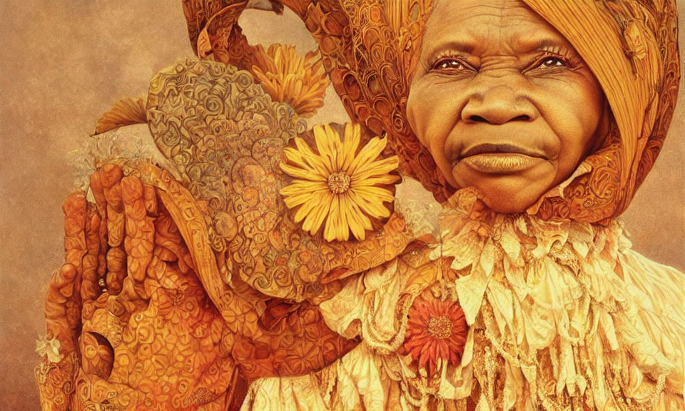 Elderly person in textured orange attire holding a sunflower with intricate patterns