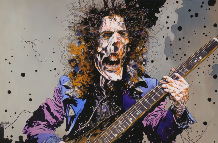 Dynamic Wild-Haired Guitarist Illustration with Expressive Artwork