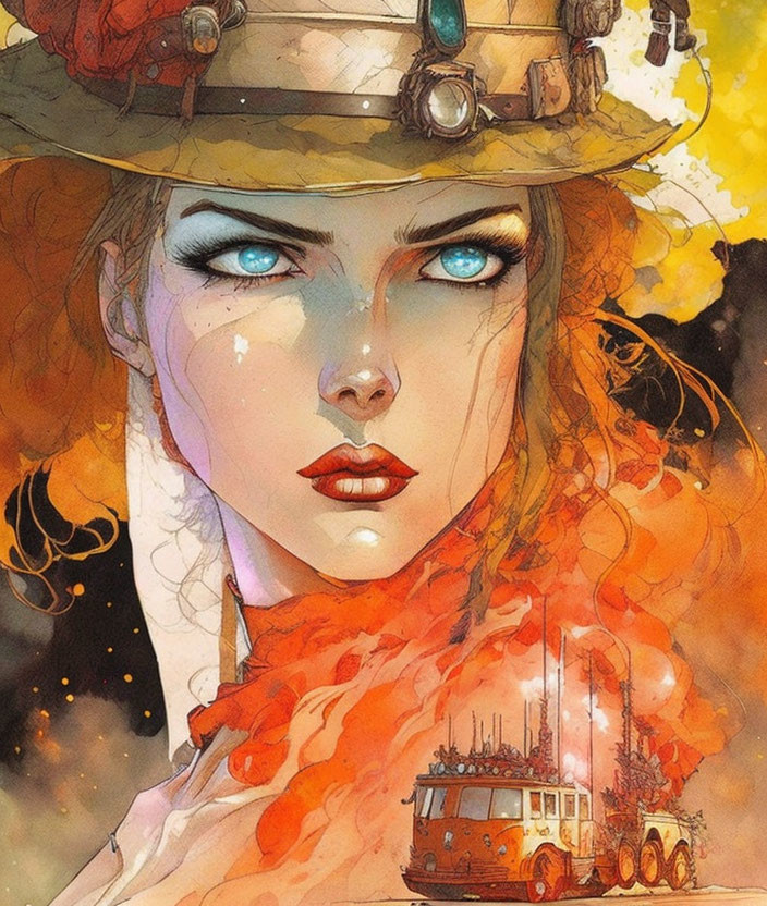 Woman with Blue Eyes in Hat and Red Scarf Surrounded by Orange Splash and Steampunk Vehicle