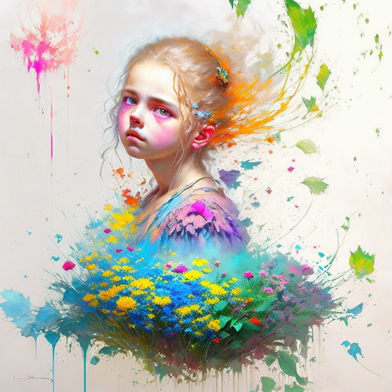 Melancholic young girl with colorful flowers and paint splatters.